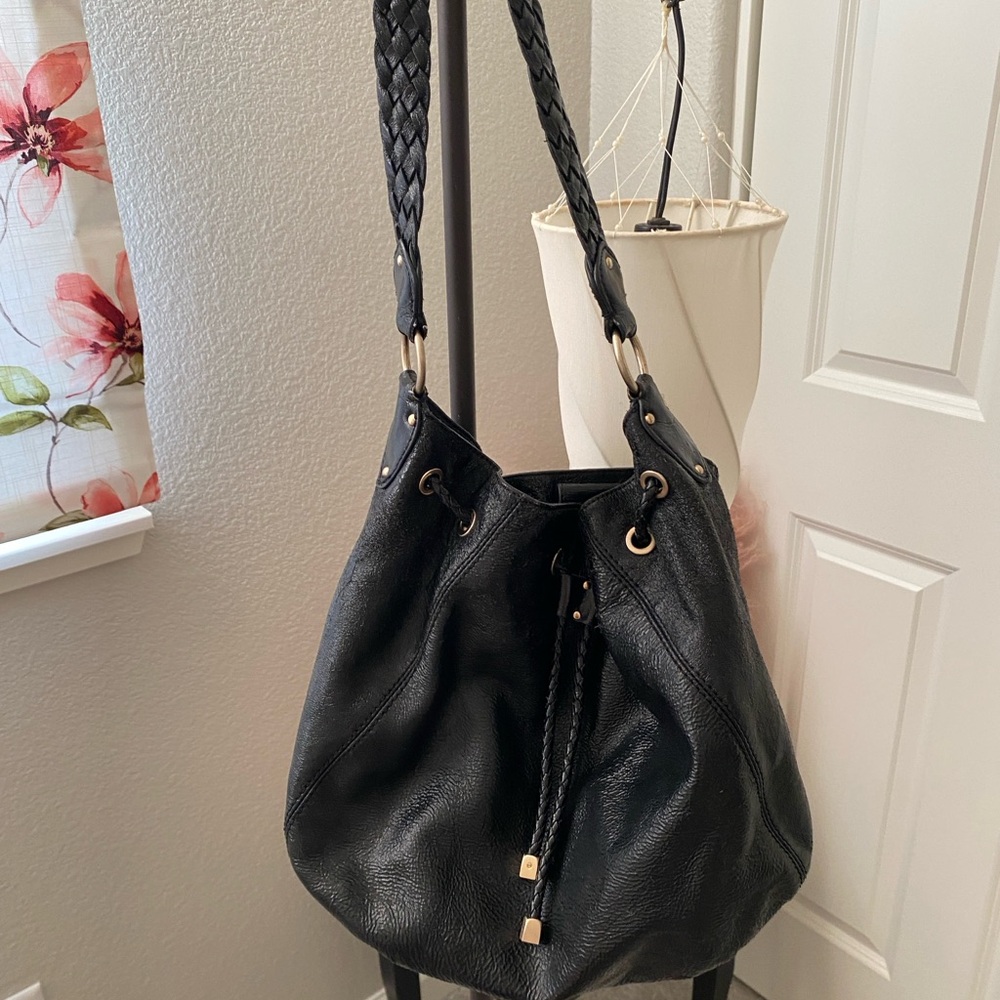 Michael Kors Black Drawstring Braided-Handle Hobo Bag